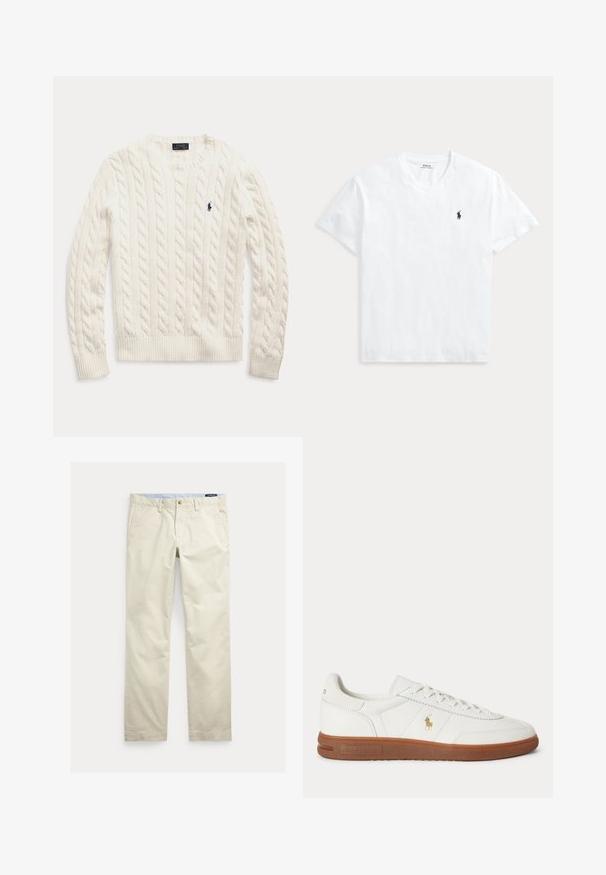 Biely sveter s dlhým rukávom so vzorom vrkoča, s okrúhlym výstrihom a malým tmavomodrým logom Polo Ralph Lauren na ľavej strane hrudníka.; Biele tričko s krátkym rukávom a výstrihom do V s malým tmavomodrým logom koňa Polo Ralph Lauren na ľavej strane hrudníka.; Béžové bavlnené nohavice s rovnými nohavicami, opaskové pútká, predné zapínanie na gombík, zips a bočné vrecká.; Biele nízke tenisky s hnedou podrážkou, šnurovaním vpredu a malým zlatým logom Polo Ralph Lauren na boku.