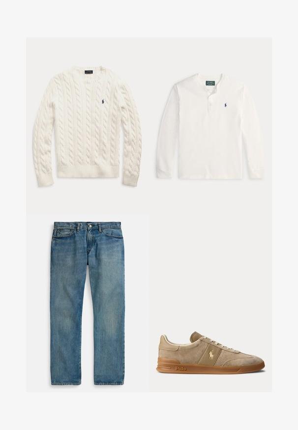 Weißer, kabelgestrickter Pullover mit langen Ärmeln, Rundhalsausschnitt und kleinem dunkelblauem Polo Ralph Lauren-Logo auf der linken Brust.; Weißes Langarm-Henley-Shirt mit drei Knöpfen und einem kleinen dunkelblauen Polo-Spieler-Logo auf der linken Brust.; Hellblaue Jeans aus Denim mit geradem Bein, fünf Taschen, Knopfverschluss und dezenter Used-Optik für mehr Textur.; Beiger Wildleder- und Leder-Low-Top-Sneaker mit Gummisohle, weißen Schnürsenkeln und Polo-Logo an der Seite und an der Sohle.