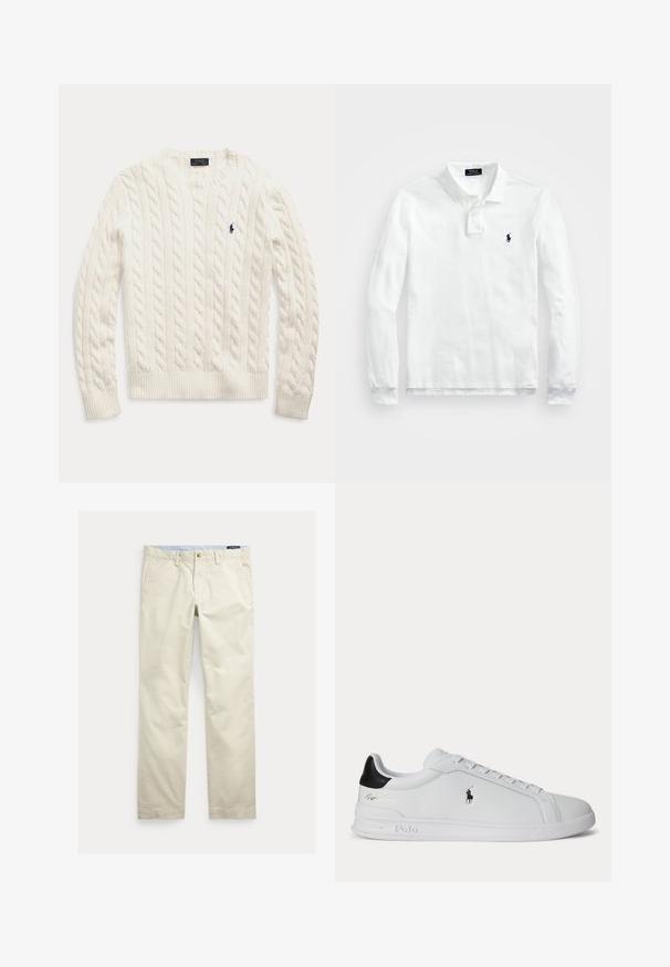 Witte kabelgebreide trui met lange mouwen, ronde hals en klein donkerblauw Polo Ralph Lauren-logo op de linkerborst.; Witte polo met lange mouwen van katoen, voorzien van een klassieke kraag, een drukknoopsluiting met drie knopen en een marineblauw logo op de linkerborst.; Beige katoenen broek met rechte pijpen, riemlussen, voorste knoop, ritssluiting en zijzakken.; Witte lage sneaker met zwarte hieltab, veters en Polo Ralph Lauren-logo aan de zijkant, met gegraveerde zooldetails.