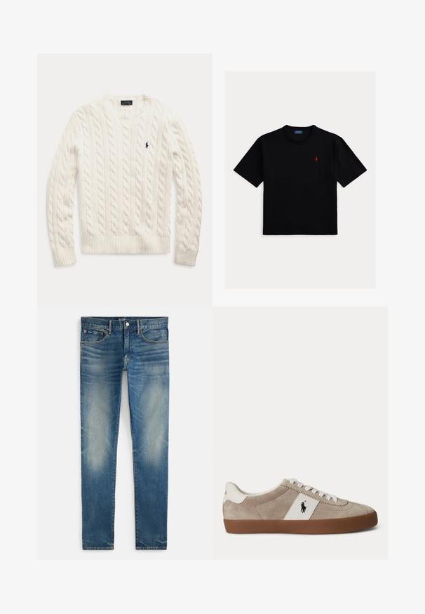 Weißer, kabelgestrickter Pullover mit langen Ärmeln, Rundhalsausschnitt und kleinem dunkelblauem Polo Ralph Lauren-Logo auf der linken Brust.; Schwarzes kurzärmeliges T-Shirt aus Baumwolle mit Rundhalsausschnitt und kleinem rotem Polo-Logo auf der linken Brust.; Blaue, verwaschene Slim-Fit-Jeans mit Knopf- und Reißverschluss, vorne mit Haupt- und kleinem Münztaschen, flach auf weißem Hintergrund liegend dargestellt.; Beiger Wildleder-Sneaker mit niedrigem Schaft, weißen Schnürsenkeln, weißem Lederakzent mit schwarzem Pferdelogo und brauner Gummisohle.