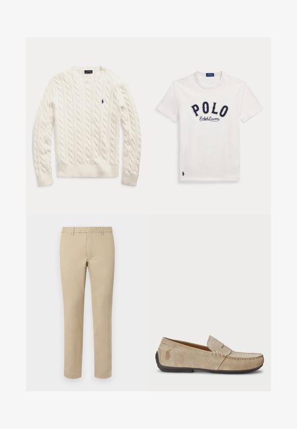 Weißer, kabelgestrickter Pullover mit langen Ärmeln, Rundhalsausschnitt und kleinem dunkelblauem Polo Ralph Lauren-Logo auf der linken Brust.; Weißes kurzärmeliges T-Shirt mit marineblauem "POLO Ralph Lauren"-Text auf der Brust und einem kleinen navyfarbenen Polo-Spieler-Logo nahe dem Saum.; Beige Baumwollhosen mit geradem Schnitt, ausgestattet mit Gürtelschlaufen, einer flachen Vorderseite und maßgeschneiderten Säumen. Glatte Textur und minimale Details.; Beige Wildleder Slipper mit gesticktem Detail, flacher Gummisohle und kleinem Logo an der Seite. Klassisches Slip-On-Design, weicher Textur.