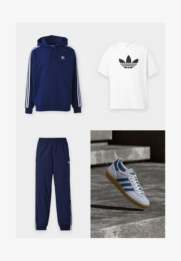 Dunkelblauer Hoodie aus Baumwollmischung, mit weißen Seitenstreifen, einer verstellbaren Kapuze mit Kordelzug und einer vorderen Kängurutasche.; Weißes Baumwoll-T-Shirt mit großem schwarzem Adidas Trefoil-Logo und drei horizontalen Streifen darunter. Kurze Ärmel, Rundhalsausschnitt.; Marineblaue Trainingshose aus leichtem Stoff, mit weißen Streifen an den Seiten, einem elastischen Bund und einem kleinen Logo.; Hellblauer Adidas Spezial Sneaker mit dunkelblauen Streifen und Gummisohle, in der Luft über Betontreppen in neutralem Außenbereich gezeigt.