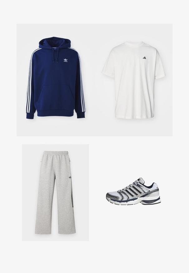 Dunkelblauer Hoodie aus Baumwollmischung, mit weißen Seitenstreifen, einer verstellbaren Kapuze mit Kordelzug und einer vorderen Kängurutasche.; Weißes Baumwoll-T-Shirt mit kurzen Ärmeln, Rundhalsausschnitt und kleinem schwarzem Adidas-Logo auf der linken Brust. Weicher Stoff, lässige Passform.; Hellgraue weite Sweatpants mit elastischem Bund und schwarzem Adidas Trefoil-Logo am rechten Oberschenkel.; Weißer und grauer athletischer Laufschuh mit Mesh-Obermaterial, schwarzen Streifen, gepolsterter Sohle und Schnürdesign, von der Seite gezeigt.