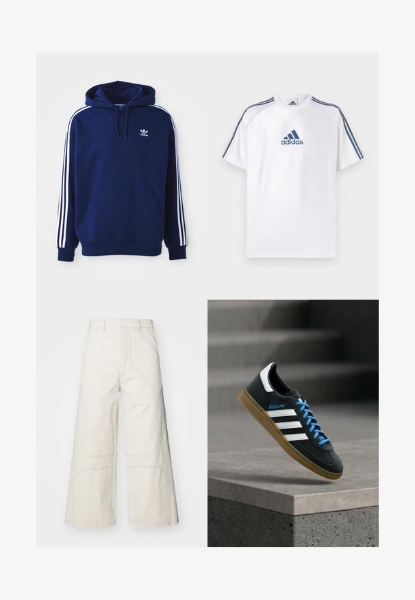 Tumed sinine kapuutsiga sviiter, mis on valmistatud puuvillase segu materjalist, sisaldab valgeid küljeribasid, reguleeritavat nööriga kapuutsi ja eesmist känguru taskut.; Valge Adidas T-särk siniste detailidega, lühikeste varrukatega ja ümmarguse kaelusega. Esiküljel sinine Adidas logo ja õlgadel kolm triipu.; A-COLD-WALL* FORMAT PANT - Püksid - beige bone; Must Adidas toss valgete triibu, siniste paelte ja kummist tallaga, hõljuv pehme valgusega halli betoonastme kohal.