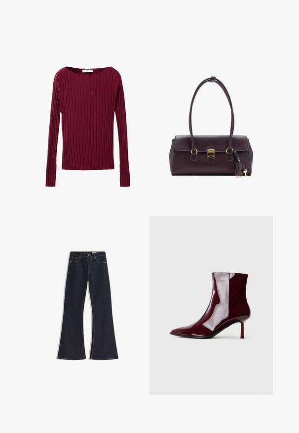 Burgunderfarvet ribbet langærmet top med en bred halsudskæring og tætsiddende silhuet, lavet af et blødt strikkemateriale.; Mørke denim flare jeans med høj talje, kontrastsyede sømme, knaplukning og fire lommer. Buksebenene bliver bredere ved kanten.; Skinnende mørkerød ankelstøvle med spids tå og tynd mellem-højde hæl på en lys ensfarvet baggrund.; Mørkelilla håndtaske i læder med struktureret design, dobbelte håndtag, gulddetaljer og en flad klap med lås og nøgleringsdetalje.