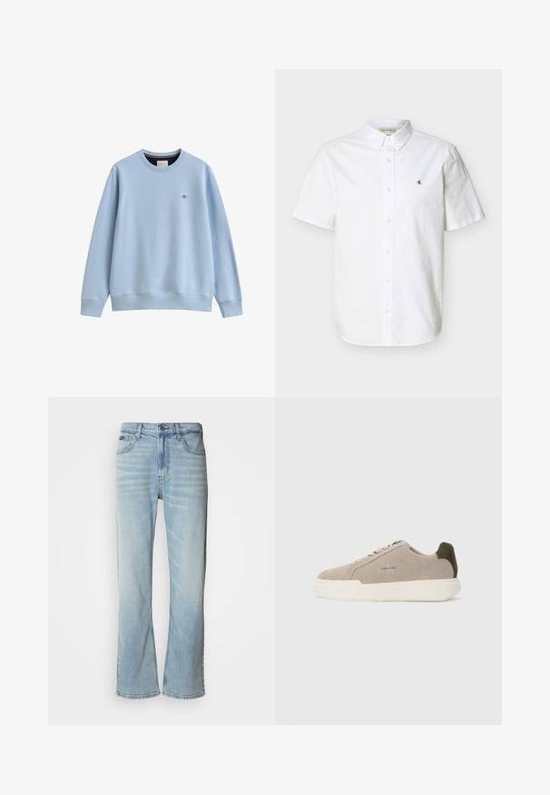 Sweat-shirt bleu clair à col rond avec poignets et ourlet côtelés, avec un petit logo brodé sur le côté gauche de la poitrine.; Chemise blanche à manches courtes avec col et petit logo noir "cK" sur le côté gauche de la poitrine.; Jeans en denim bleu clair avec une coupe droite, dotés de cinq poches, d'une fermeture à bouton et d'une légère décoloration sur le tissu.; Baskets en suède beige avec une semelle en caoutchouc blanche, présentant un accent de talon vert foncé et une branding subtile sur le côté.