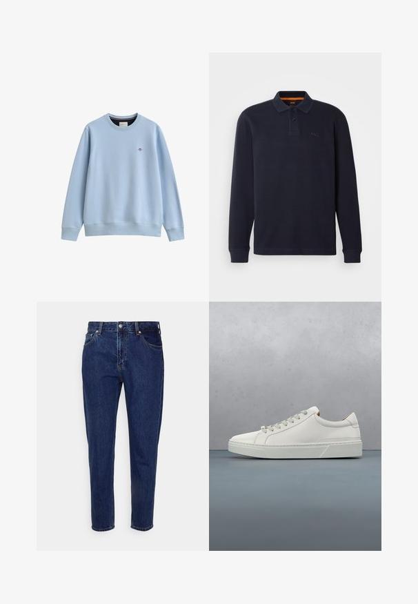 Sweat-shirt bleu clair à col rond avec poignets et ourlet côtelés, avec un petit logo brodé sur le côté gauche de la poitrine.; Polo shirt à manches longues bleu marine en tissu texturé avec une ouverture pour le col boutonnée. Présente un petit logo brodé sur la poitrine.; Jean droit en denim bleu foncé avec fermeture à bouton et zip à l'avant, passants pour ceinture, poches avant et arrière.; Baskets en cuir blanc avec un bout arrondi, design minimaliste, lacets gris et semelle en caoutchouc gris texturé. Détails de couture subtils visibles.
