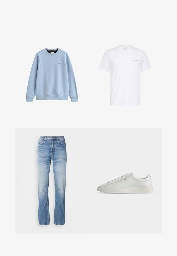Sweat-shirt bleu clair à col rond avec poignets et ourlet côtelés, avec un petit logo brodé sur le côté gauche de la poitrine.; T-shirt blanc à manches courtes avec col rond et petit logo noir Calvin Klein sur la poitrine gauche.; Jean en denim bleu clair avec une coupe droite, finition délavée, cinq poches et une fermeture à bouton. Design classique et épaisseur moyenne.; Baskets basses blanches en cuir avec lacets, semelle plate et petit logo doré "BOSS" sur le côté, vues de l'extérieur.
