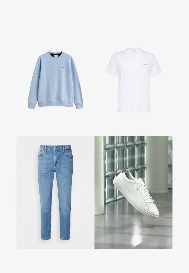 Lyseblå crewneck sweatshirtt med ribbede manchetter og kant, med en lille broderet logo på venstre bryst.; Hvid T-shirt med korte ærmer og rund hals med lille sort Calvin Klein-logo på venstre bryst.; Lys blå denim jeans med lige snit, fem-lomme design og subtilt slid. Har knaplukning og bæltestropper.; Hvid læder lav-top sneaker med snørebånd, sort hælflig og "BOSS"-logo, svævende indendørs nær glasblok væg og poleret gulv.