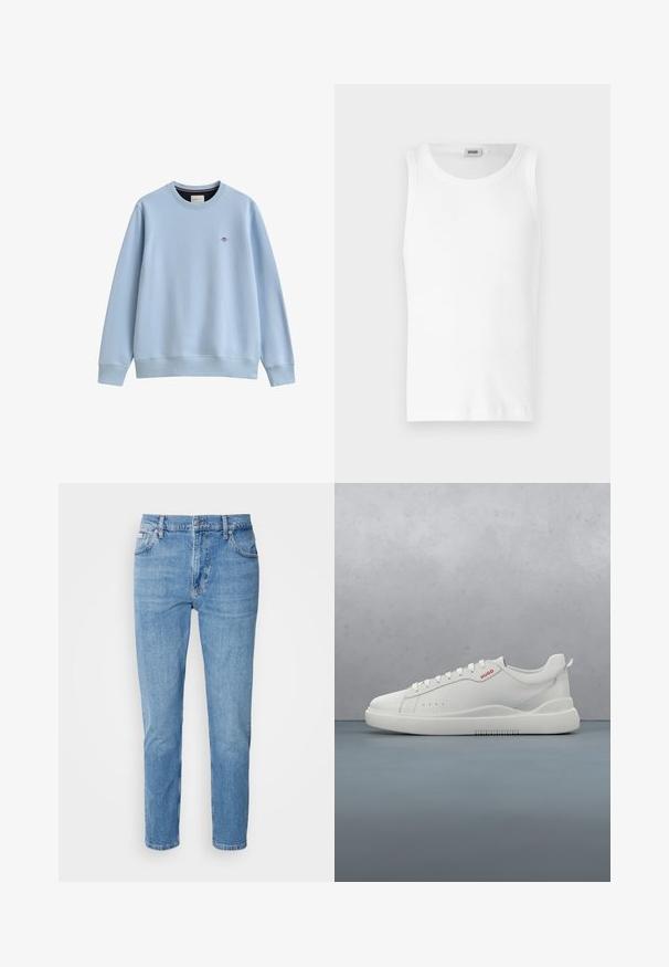 Lyseblå crewneck sweatshirtt med ribbede manchetter og kant, med en lille broderet logo på venstre bryst.; Hvid bomulds tanktop uden ærmer med rund halsudskæring og en glat tekstur. Enkel design, ingen mønstre eller accenter.; Lys blå denim jeans med lige snit, fem-lomme design og subtilt slid. Har knaplukning og bæltestropper.; Hvide sneakers med en glat læderfinish, rund tå, fire snørehuller, subtile perforeringer og en rød logo detalje på siden.
