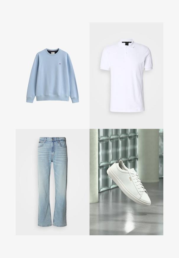 Lyseblå crewneck sweatshirtt med ribbede manchetter og kant, med en lille broderet logo på venstre bryst.; Hvid polo-shirt i bomuld med korte ærmer, krave og tre-knaps lukning. Subtil logo detalje på brystet. Glat tekstur.; Lyseblå denimjeans med lige ben, der har fem lommer, knaplukning og en subtil falmning på stoffet.; Hvid læder lav-top sneaker med snørebånd, sort hælflig og "BOSS"-logo, svævende indendørs nær glasblok væg og poleret gulv.