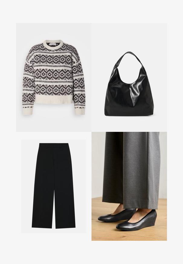 Pull en tricot crème et marron foncé. Il présente un motif géométrique, un col et un ourlet côtelés, des manches longues et une coupe courte.; Pantalons noirs à jambe large en tissu lisse. Dotés d'une taille plate avec passants de ceinture et sans poches visibles. Design simple.; Chaussures compensées en cuir noir avec un bout arrondi et une texture lisse, associées à un pantalon large gris, posées sur un sol en bois.; Sac hobo en cuir noir avec une texture douce et brillante et un haut ouvert arrondi. Dispose d'une large sangle courbée pour le transport. Pas de matériel visible.