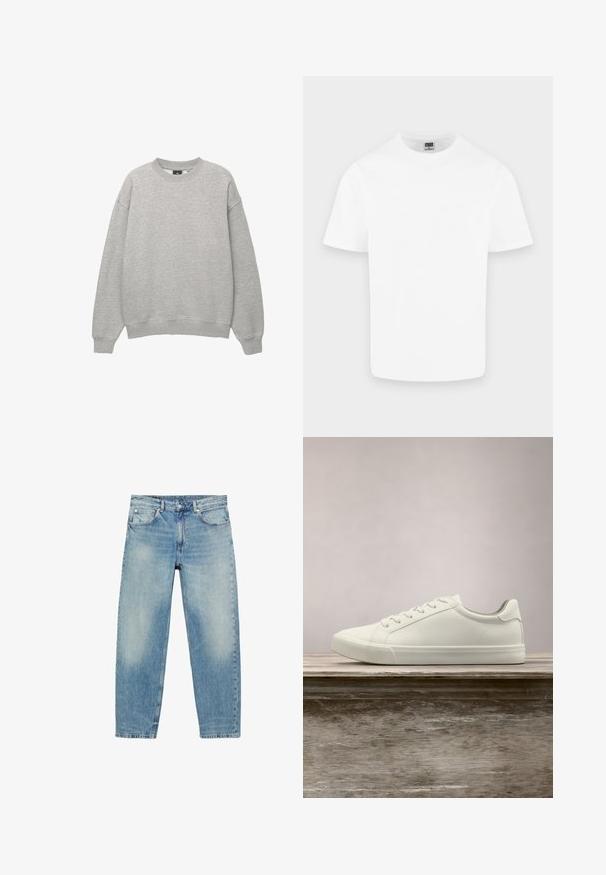 Lichtgrijze sweater met ronde hals, lange mouwen, geribbelde manchetten en zoom, afgebeeld op een witte achtergrond.; Effen witte katoenen T-shirt met korte mouwen en ronde hals, weergegeven op een lichtgrijze achtergrond.; Jeans met rechte pijpen van blauwe denim, met voorzakken en riemlussen, met lichte vervaagde details op dijen en knieën.; Witte vetersneaker die boven een houten bank zweeft met groene bladeren op de achtergrond, waarbij het ontwerp en de textuur van de schoen worden getoond.