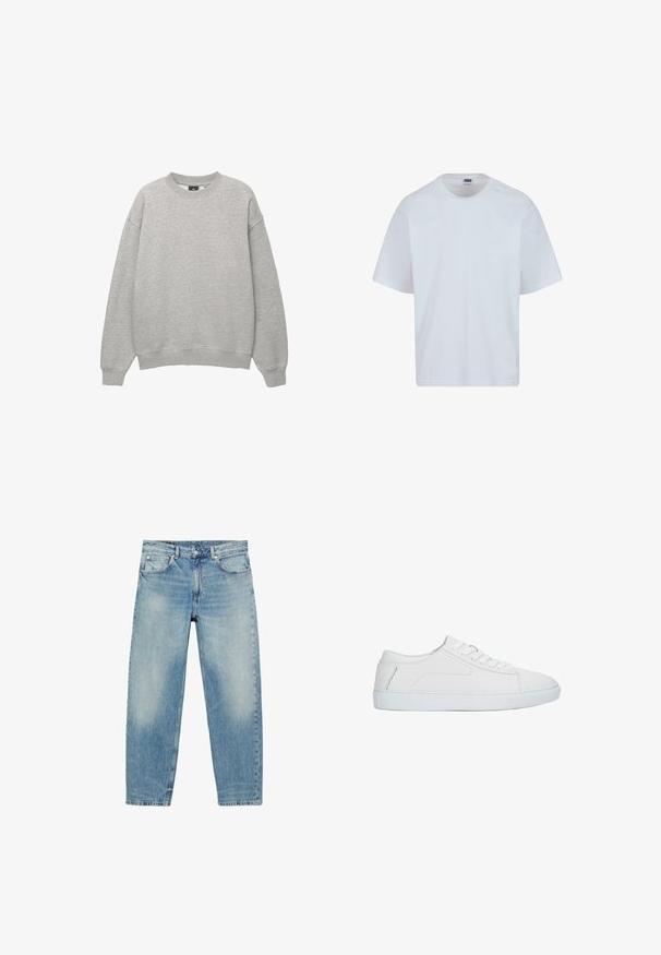 Lichtgrijze sweater met ronde hals, lange mouwen, geribbelde manchetten en zoom, afgebeeld op een witte achtergrond.; Witte katoenen T-shirt met een ronde hals, korte mouwen en een rechte snit. Kenmerkend zijn de subtiele stiksels op de schouders.; Jeans met rechte pijpen van blauwe denim, met voorzakken en riemlussen, met lichte vervaagde details op dijen en knieën.; Witte lage sneaker met vetersluiting, glad leren bovenwerk en platte rubberen zool, zijaanzicht op een witte achtergrond.