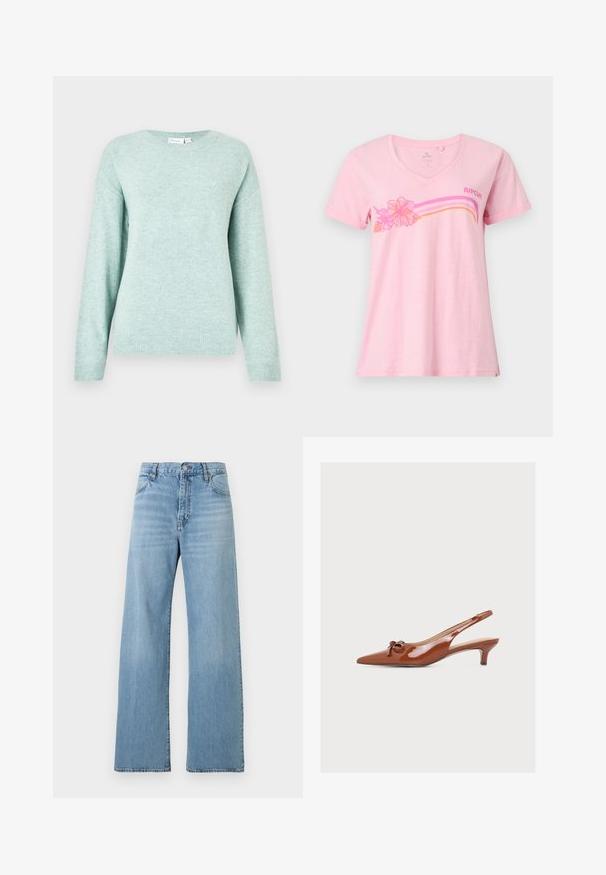Pull vert menthe clair en tissu doux, avec un col rond, des manches longues et des poignets et ourlet côtelés. Sans motifs ni accents visibles.; T-shirt rose clair à encolure en V avec manches courtes, motif floral et rayures multicolores sur la poitrine, avec le logo "Rip Curl" sur le côté droit.; Jean bleu clair taille haute à jambes droites avec fermeture devant par bouton et zip, poches avant et arrière, et passants pour ceinture.; Chaussure à talon kitten en cuir verni marron avec bride arrière, bout pointu et petit détail nœud sur fond uni.