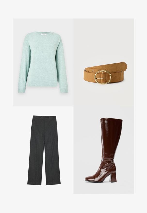 Pull vert menthe clair en tissu doux, avec un col rond, des manches longues et des poignets et ourlet côtelés. Sans motifs ni accents visibles.; Pantalons larges gris foncé en tissu texturé, avec une taille plate, des passants de ceinture et une finition soignée à l'ourlet.; Bottes en cuir verni marron jusqu'aux genoux avec un bout carré, finition brillante et un talon épais pour la stabilité. Design sans couture sans matériel visible.; Ceinture en daim beige avec plusieurs trous et une boucle ronde en métal doré, présentée enroulée sur un fond blanc.