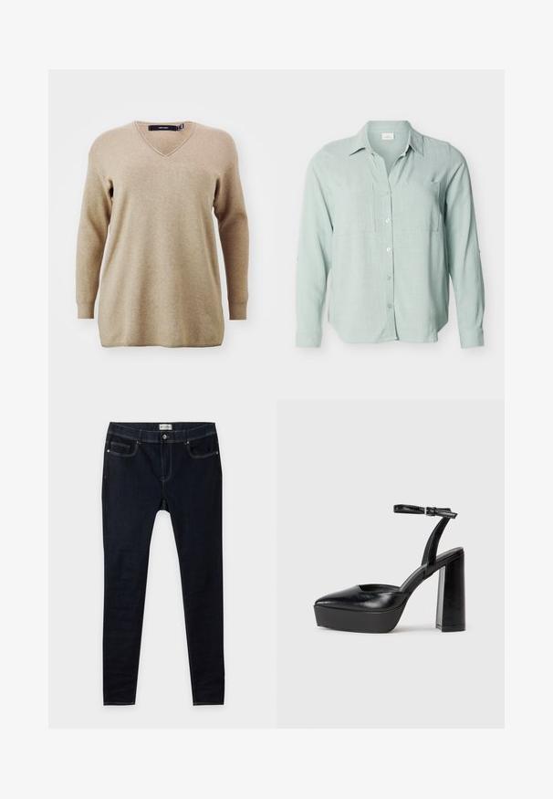 Vero Moda Curve VMCGOLD ROLL LONG VNECK - Pullover - silver mink; Chemise à manches longues vert clair avec col et deux poches poitrine, présentée sur un fond uni.; Jean slim bleu foncé avec poches avant, fermeture par boutons, et coutures visibles sur un fond uni.; Escarpins noirs à plateforme avec un bout pointu et une sangle réglable à la cheville. Conçus en cuir lisse, avec un large talon bloc.