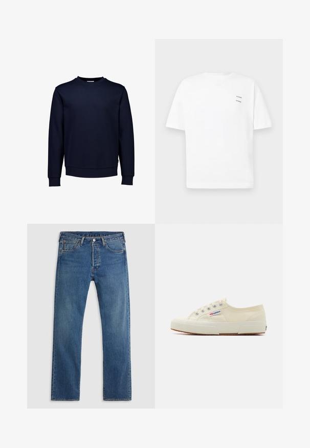 Mørkeblå sweatshirt lavet af blødt bomuldsblandingsstof, med rund halsudskæring, lange ærmer samt ribbede manchetter og kant.; Hvid bomulds t-shirt med en afslappet pasform, korte ærmer og V-udskæring. Har to små sorte trykte logoer på venstre side.; Blå straight-leg denimjeans med fem lommer, bæltestropper og lukning med knap og lynlås foran på en ensfarvet baggrund.; Beige lærredssneaker med et lavprofildesign, metaløjet og gummisål. Har et tekstureret mønster og logodetalje på siden.