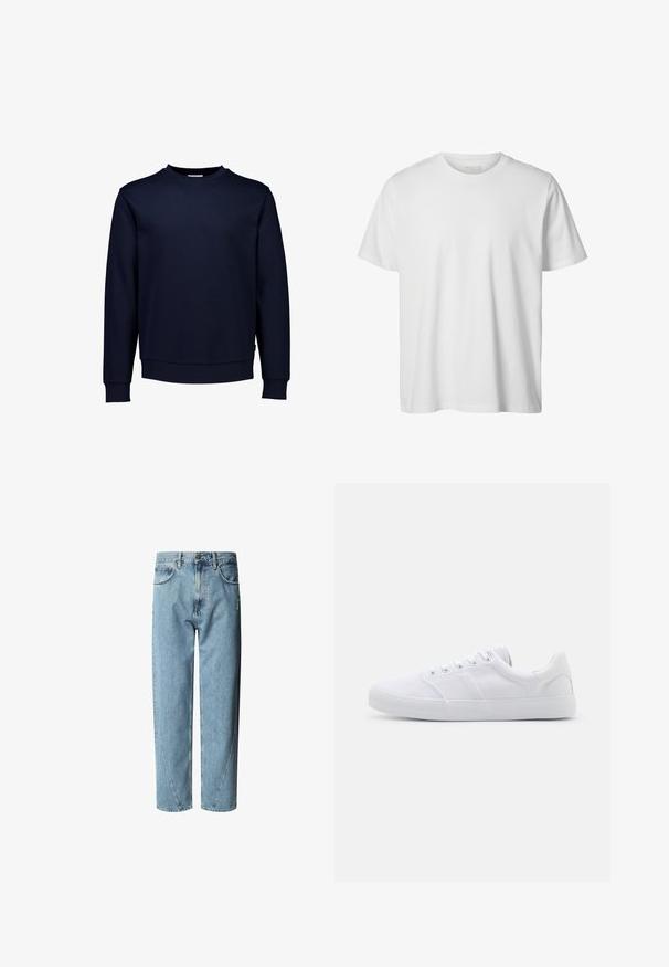 Dunkelblaues Sweatshirt aus weichem Baumwollmischgewebe, mit Rundhalsausschnitt, langen Ärmeln sowie gerippten Bündchen und Saum.; Schlichtes weißes T-Shirt mit kurzen Ärmeln und Rundhalsausschnitt, lässiger Passform und ohne sichtbare Logos oder Designs auf der Vorderseite.; Helle blaue Denim-Jeans mit einer lockeren Passform, die eine hohe Taille, kontrastierende Nähte und subtile Abnutzungsstellen auf der Vorderseite aufweisen.; Weiße Leinenschuhe mit Gummisohle, ausgestattet mit sechs Ösen, einer strukturierten Zehenkappe und minimalistischer Gestaltung.