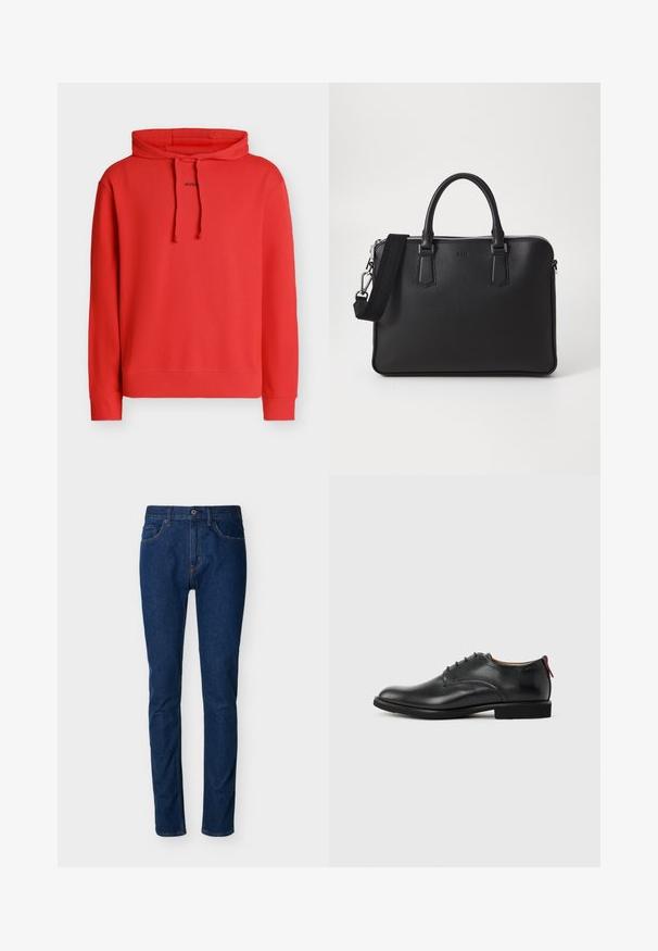 Sweat à capuche rouge à manches longues avec cordons, avec petit texte noir « HUGO » au centre devant.; Jean en denim bleu foncé à coupe slim, design à cinq poches, coutures visibles et fermeture par bouton à la taille. Texture lisse.; Chaussure habillée pour homme en cuir noir, à lacets sur l'avant, avec une languette rouge au talon, sur fond uni.; Sac en cuir noir avec surface texturée, deux poignées et une bandoulière amovible. Il présente des fermetures éclair en argent et des éléments de design minimalistes.