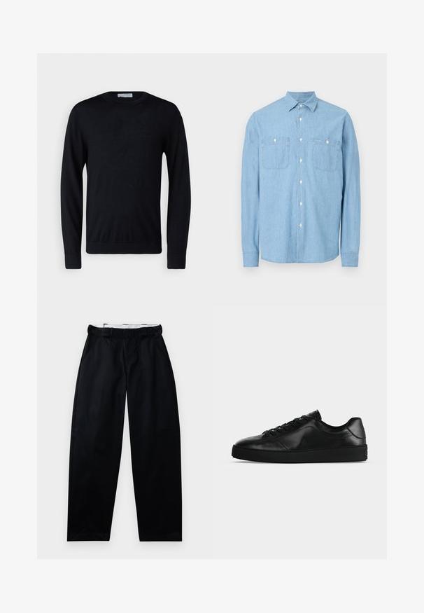 Schwarzer Pullover mit langen Ärmeln und Rundhalsausschnitt, mit gerippten Bündchen und Saum, vor weißem Hintergrund präsentiert.; Hellblaues, langärmliges Hemd mit Knöpfen, zwei Brusttaschen und weißen Knöpfen, auf weißem Hintergrund präsentiert.; Schwarze Hose mit glatter Textur, weitem Bein und einem Bund mit Gürtelschlaufen. Entworfen mit Seitentaschen und einem sauberen Finish.; Niedrig geschnittener schwarzer Ledersneaker mit Schnürung vorne und strukturierter flacher Sohle, seitlich auf neutralem Hintergrund gezeigt.