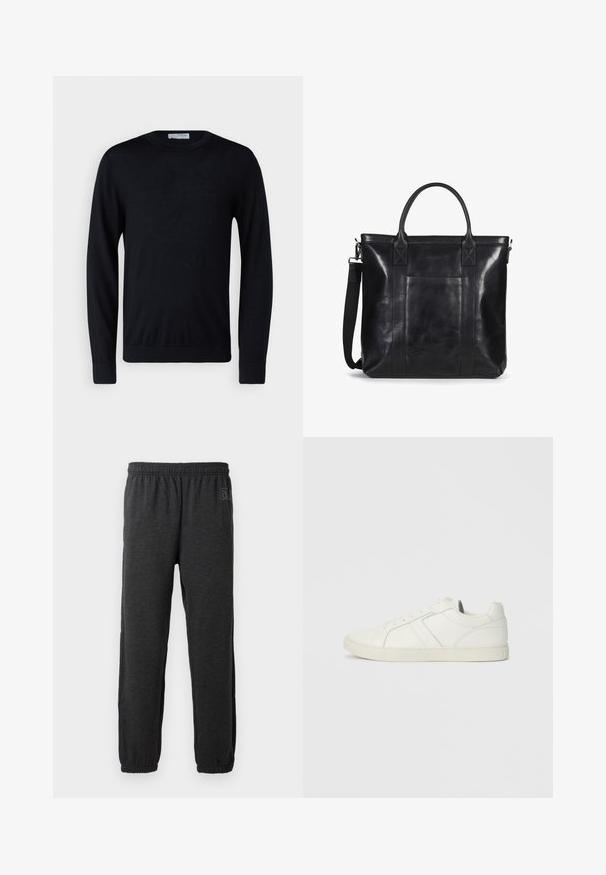 Sort langærmet rundhalset sweater med ribstrikkede ærmeafslutninger og kant, vist mod en hvid baggrund.; Grå sweatpants lavet af blødt stof, med elastisk talje og indsnævrede ben med elastiske manchetter. Subtilt logo detalje på det ene ben.; Lave hvide lædersneakers med snørebånd og flad gummisål, set fra indersiden på en ensfarvet baggrund.; Sort læder tote taske med to top håndtag og en justerbar skulderrem. Har en forlommer og en glat, tekstureret overflade.