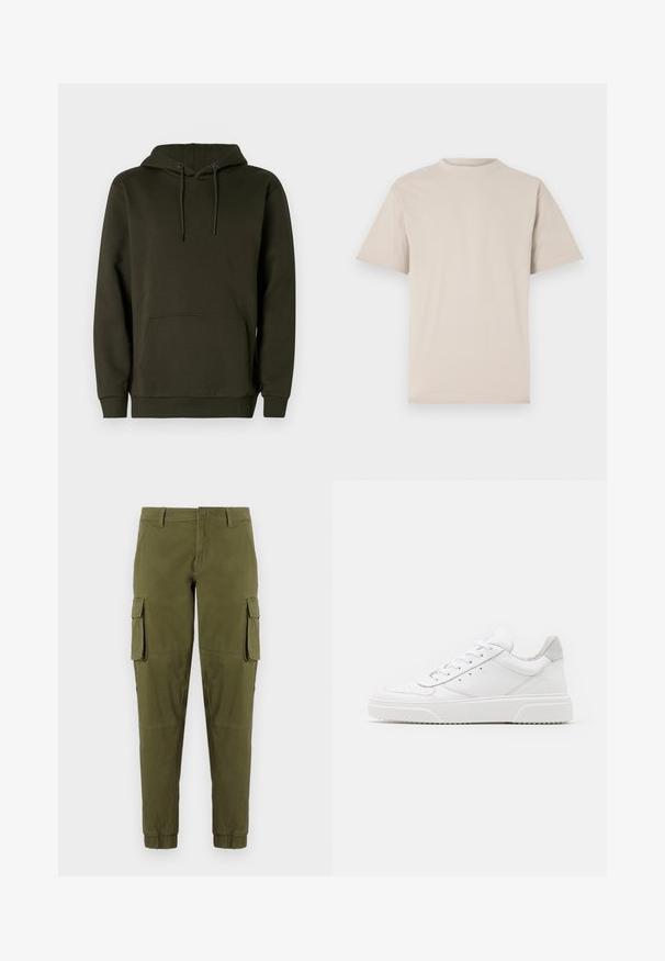 Dunkelgrüner Kapuzenpullover aus weichem Stoff, mit einer Kängurutasche, gerippten Bündchen und einem Kordelzug für die anpassbare Kapuze.; Beige T-Shirt mit kurzen Ärmeln, Rundhalsausschnitt, aus glattem Baumwollstoff, mit lässiger Passform und ohne sichtbare Muster oder Verzierungen.; Olivgrüne Cargo-Hosen mit elastischen Bündchen, ausgestattet mit zwei seitlichen Cargo-Taschen, einem vorderen Knopfverschluss und einem glatten, leichten Stoff.; Weiße Leder-Sneaker mit glatter Oberfläche, rundem Zehenbereich, flachen Schnürsenkeln und strukturiertem Schuhsohlen. Graues Wildleder-Detail an der Ferse.