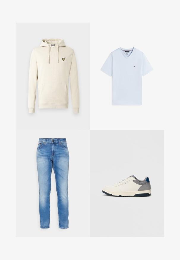Hættetrøje i cremefarve lavet af blødt stof, med en kængurulomme foran og et lille gult emblem på brystet. Hætte med snøre inkluderet.; Lyseblå T-shirt med korte ærmer og V-hals med lille rød, hvid og blå logo på venstre bryst mod en hvid baggrund.; Lyseblå denim jeans med en let slidt overflade, der har et standard fem-lomme-design, knaplukning og lige benudskæring.; Hvid lavtopsneaker med grå og blå accenter, tekstureret hæl, snørelukning og Tommy Hilfiger-logo på siden.