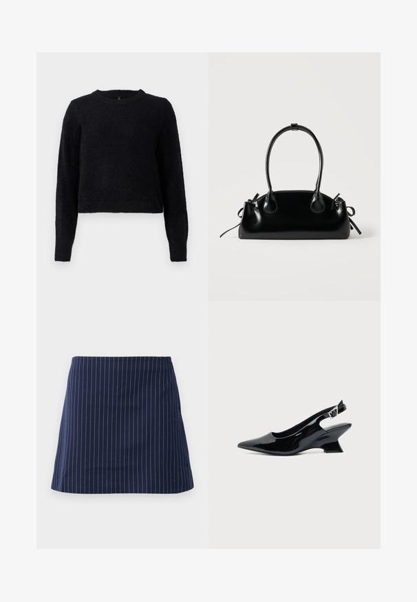 Pull en tricot noir avec des manches longues, un col rond et une finition douce et texturée. Le design présente une coupe cropped et un ourlet en côtes.; Jupe bleu marine avec de fines rayures verticales blanches et une coupe droite au-dessus du genou, présentée sur un fond blanc uni.; Chaussure slingback en cuir verni noir avec bout pointu et petit talon bloc incliné sur fond clair uni.; Petit sac à main noir brillant avec deux longues anses et des détails à cordon sur les côtés sur un fond clair uni.