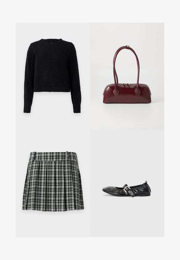 Sort strikket sweater med lange ærmer, rund halsudskæring og en blød, tekstureret finish. Designet har en cropped snit og ribbet kant.; Sort-hvidt ternet plisseret nederdel med en glat talje og flere lodrette folder. Fremstillet af let stof.; Sorte læder flade sko med spids tå, samling detaljer omkring åbningen, og en sølv spænde accent på den justerbare rem.; Bordeaux læder skuldertaske med en buet form, dobbelt håndtag, lynlås lukning og subtile sømdetaljer. Glat, højglans finish.