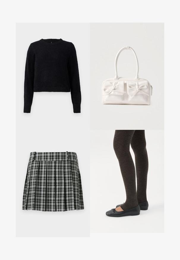 Suéter de punto negro con mangas largas, cuello redondo y un acabado suave y texturizado. El diseño presenta un corte cropped y un dobladillo acanalado.; Falda plisada de cuadros en blanco y negro con una cintura suave y múltiples pliegues verticales. Fabricada en un tejido ligero.; Piernas con leggings oscuros acanalados combinados con bailarinas negras que presentan pequeños detalles de lazo sobre un fondo blanco.; Bolso sintético blanco con dos bolsillos delanteros, cada uno con un detalle de lazo atado. Textura suave, asas redondeadas y cierre de cremallera.