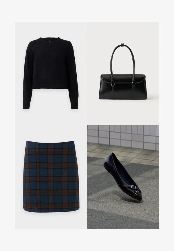 Pull en tricot noir avec des manches longues, un col rond et une finition douce et texturée. Le design présente une coupe cropped et un ourlet en côtes.; Jupe mini en tartan bleu marine avec des lignes marron et grises, fabriquée dans un tissu lisse, avec une fente discrète au dos pour plus de liberté de mouvement.; Ballerine plate noire à bout pointu avec deux petites boucles argentées flottant au-dessus de l'asphalte près d'un mur carrelé en arrière-plan.; Sac à main rectangulaire en cuir noir avec fermeture à rabat et deux longues anses sur fond blanc uni.