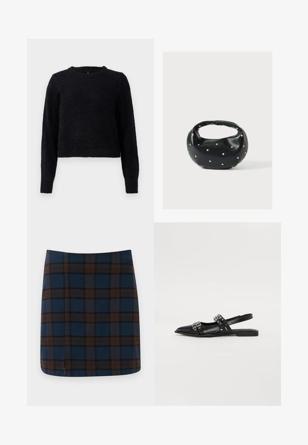Sort strikket sweater med lange ærmer, rund halsudskæring og en blød, tekstureret finish. Designet har en cropped snit og ribbet kant.; Marineblåternet mini nederdel med brune og grå striber, lavet af et glat stof, med en diskret slids bagpå for let bevægelse.; Even&Odd Slingback-ballerinasko - black; Sort læderhåndtaske med en rundet form, dekoreret med sølvnitter, og et kort håndtag. Glat tekstur og lynlåslukning.