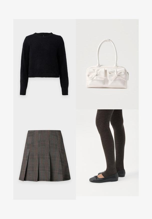 Sort strikket sweater med lange ærmer, rund halsudskæring og en blød, tekstureret finish. Designet har en cropped snit og ribbet kant.; Gråternet nederdel med plisseringer, prydet med intrikate mønstre i sort og hvid, akkompagneret af tynde røde linjer. Fremstillet af et struktureret stof.; Ben iført mørke ribbede leggings kombineret med sorte balletsko med små sløjfedetaljer på hvid baggrund.; Hvid syntetisk håndtaske med to forlommer, hver med en bundet sløjfedetalje. Glat tekstur, afrundede håndtag og lynlås lukning.