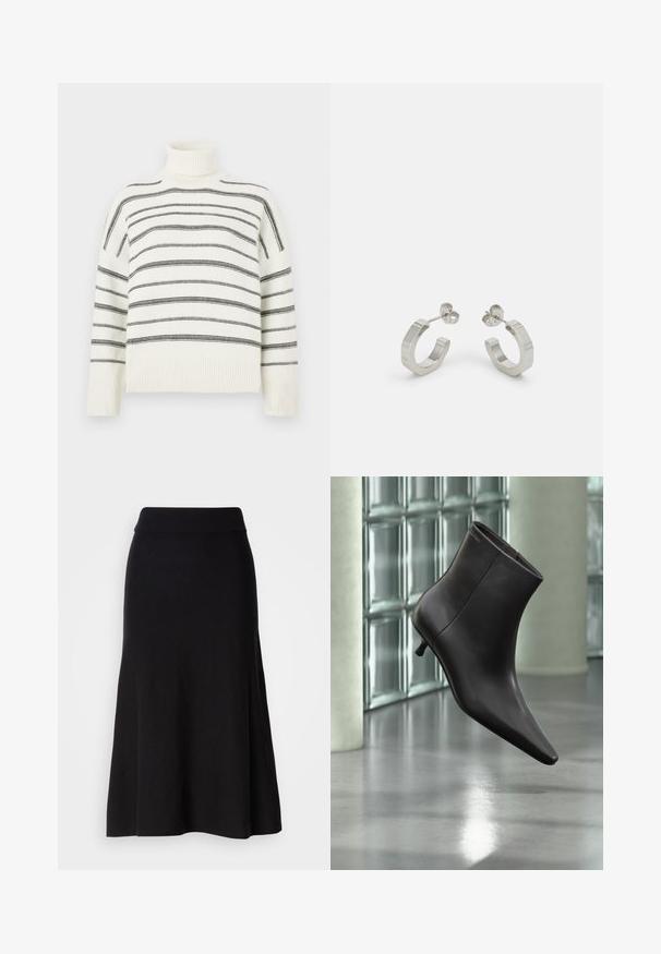 Pull à col roulé blanc avec des rayures noires horizontales. Présente un col et des poignets côtelés. Texture douce, coupe décontractée et design tricoté.; Jupe évasée en tricot noir avec une large taille, longueur midi, texture lisse et sans motifs ni détails métalliques visibles.; Bottine en cuir noir avec bout pointu et petit talon, présentée devant un mur en blocs de verre et un sol poli.; Boucles d'oreilles en métal argenté avec un design texturé, dotées d'un petit fermoir et d'une marque sur une des hoops. Forme arrondie avec une finition polie.