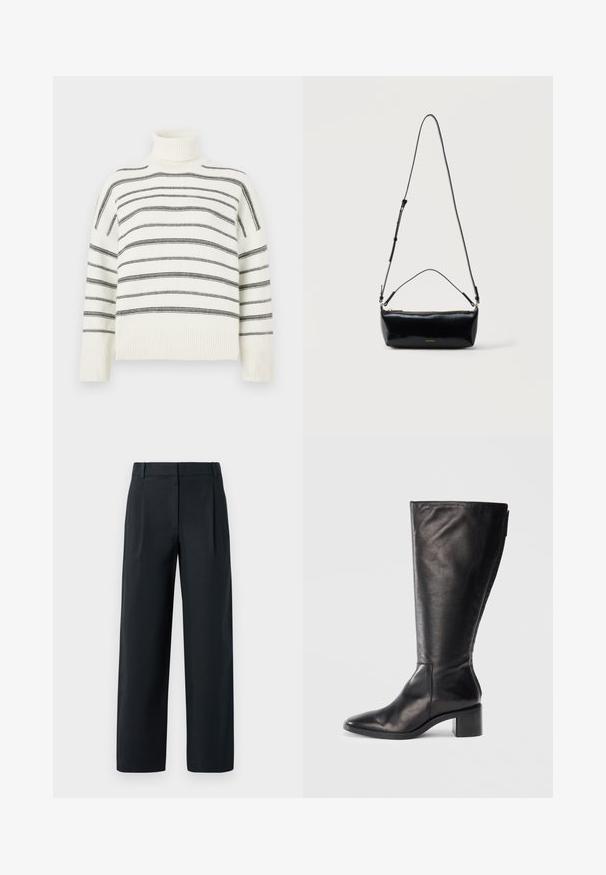 Pull à col roulé blanc avec des rayures noires horizontales. Présente un col et des poignets côtelés. Texture douce, coupe décontractée et design tricoté.; Pantalon noir ajusté avec une coupe droite, présentant des plis avant, une texture lisse et des passants de ceinture. Pas de poches visibles.; Botte noire en cuir montante, avec un bout carré, un talon large et un design épuré. Texture lisse avec une fermeture éclair sur le côté pour un enfilage facile.; Sac bandoulière rectangulaire en cuir noir avec bandoulière ajustable, fermeture éclair sur le dessus et petit logo Calvin Klein doré sur le devant.