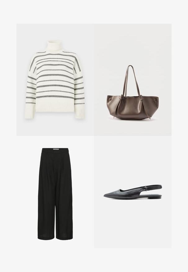 Pull à col roulé blanc avec des rayures noires horizontales. Présente un col et des poignets côtelés. Texture douce, coupe décontractée et design tricoté.; Pantalon noir à jambes larges avec plis à l'avant, taille avec passants pour ceinture et détail de bouton latéral à la taille.; Chaussure plate en cuir noir à bout pointu, bride arrière avec talon bas et bride ajustable sur fond clair.; Sac fourre-tout en cuir marron avec des anses longues et des détails noués sur un fond clair uni.