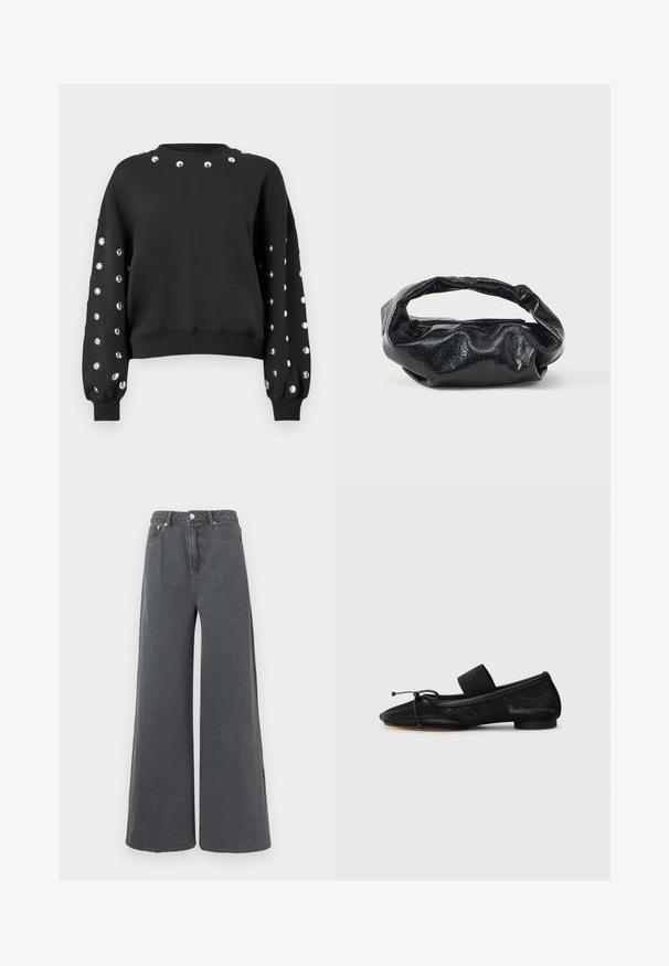 Sweatshirt noire avec col rond et manches ballons, ornée de clous métalliques le long des épaules et des manches. Matière douce.; Jeans à jambe large en denim gris foncé. Taille haute avec une fermeture à bouton et poches standards. Texture douce avec des détails de couture minimalistes.; Chaussure plate noire avec un bout pointu, fabriquée en tissu texturé, avec un accent à nœud et un petit talon rond. Sangle élastique au niveau de la cheville.; Sac noir en matériau texturé et brillant avec une poignée circulaire torsadée et une fermeture éclair. Présente un design doux et froissé.