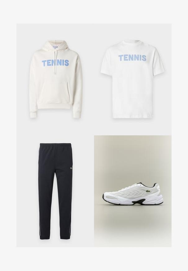 Sweat à capuche blanc avec le texte "TENNIS" en bleu clair sur la poitrine, poche avant et capuche à cordon.; T-shirt en coton blanc à manches courtes, avec le mot « TENNIS » en lettres capitales bleu clair sur la poitrine.; Pantalon de sport noir avec taille élastique, jambes fuselées, bandes latérales blanches et petit logo crocodile vert sur la cuisse droite.; Baskets de sport blanches avec un dessus en mesh texturé, un design courbé et une semelle noire contrastante. Présente un logo brodé vert sur le côté.