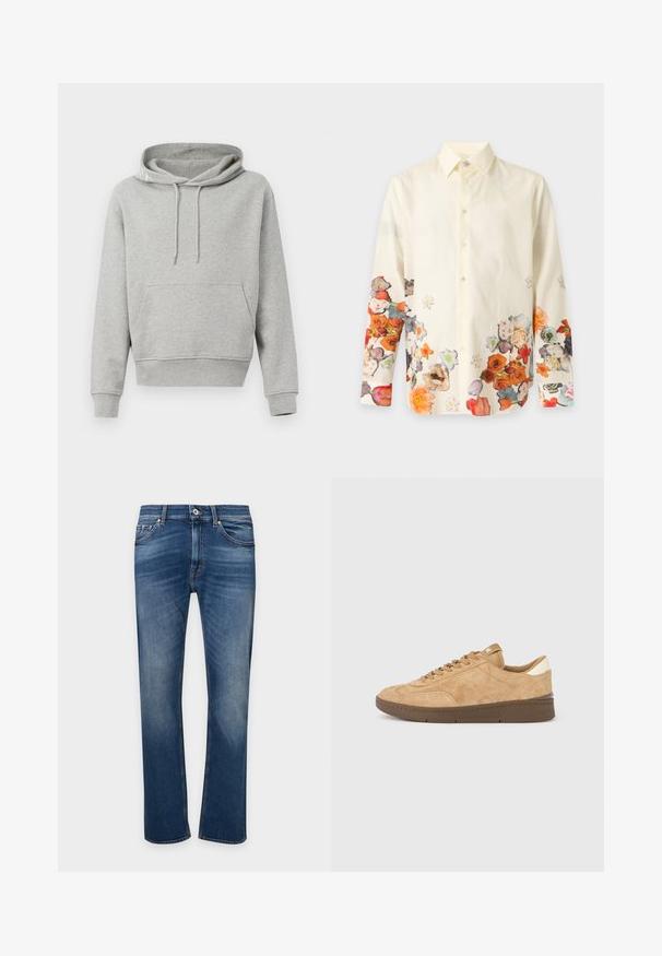 Grau Baumwoll-Hoodie mit einer Fronttasche, Kapuze mit Kordelzug, gerippte Bündchen und Saum. Glatte Textur, lässiges Design und eine lockere Passform.; Langärmliges cremefarbenes Hemd mit Knöpfen und buntem Blumenmuster entlang des unteren Saums und an den Ärmeln.; Herrenjeans in Blau mit geradem Bein, Vordertaschen, Knopfverschluss und dezenten ausgewaschenen Details an Oberschenkeln und Knien.; Wildledersneakers in hellbraun mit brauner Gummisohle. Verfügen über einfache Schnürung, runde Spitze und kontrastierenden cremefarbenen Fersenakzent.