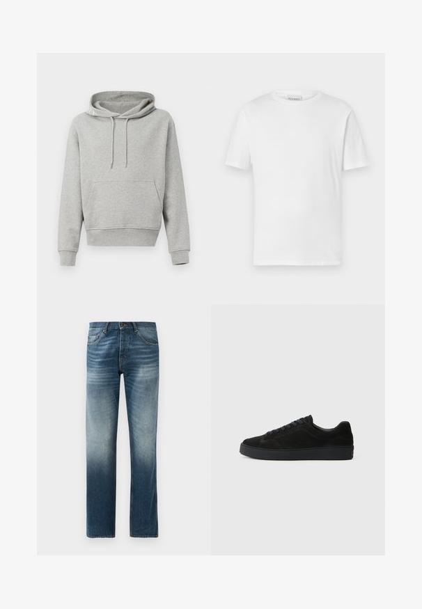 Grå bomulds-hoodie med lommer foran, snore i hætten, ribbet manchetter og forneden. Glat tekstur, afslappet design og en løs pasform.; Hvid kortærmet t-shirt lavet af bomuld. Har en rund halsudskæring og lige kant. Ingen mønstre eller udsmykninger. Enkel design.; Denim jeans i mørkeblå farve med lysning, lige ben-design. Har fem lommer, standard talje med bæltestropper og metalknaplukning.; Sort semsket sneakers med en flad, tekstureret sål, rund tå, seks snørrehuller og et minimalistisk design.