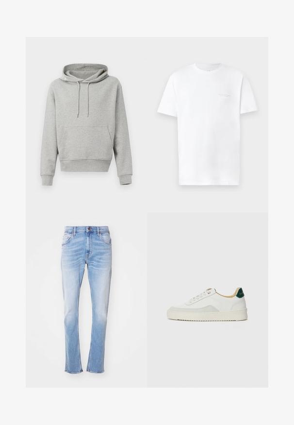 Grau Baumwoll-Hoodie mit einer Fronttasche, Kapuze mit Kordelzug, gerippte Bündchen und Saum. Glatte Textur, lässiges Design und eine lockere Passform.; Weißes Baumwoll-T-Shirt mit kurzen Ärmeln, Rundhalsausschnitt, mit subtiler grauer Logodruck auf der linken Brustseite und glatter Textur.; Helle blaue Jeans aus Denim mit geradem Bein, dezenten Verblassungen, fünf Taschen und Knopfverschluss. Keine sichtbaren Muster oder Verzierungen.; Weiße Sneaker mit Wildlederelementen, runder Zehenpartie, flachen Schnürsenkeln und einer cremefarbenen Gummisohle. Mit grünen Markenlogo am Fersenbereich.
