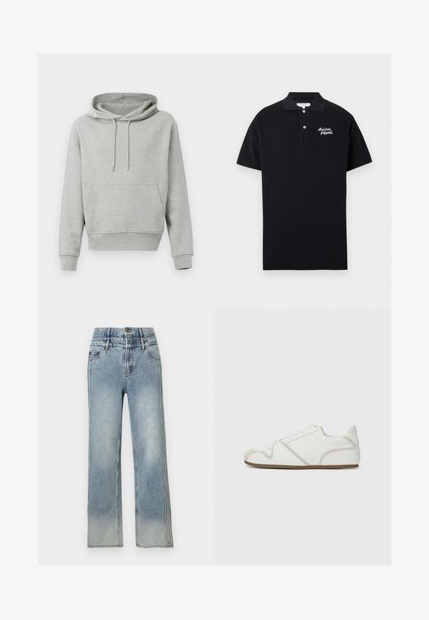 Grijze katoenen hoodie met een voorzak, trekkoordcapuchon, ribgebreide manchetten en zoom. Soepele textuur, casual ontwerp en een ontspannen pasvorm.; Zwarte poloshirt van katoen met een klassieke kraag, korte mouwen en geborduurd "Maison Kitsuné" logo in het wit op de linkerborst.; Lichtblauwe high-waist rechte spijkerbroek met voorzakken, knoopsluiting en subtiele vervaagde plekken op dijen en benen.; Witte sneaker met een gladde stoffen bovenkant, beige accenten, een ronde neus en een rubberen zool. Heeft een vetersluiting en zijnaadstiksel.