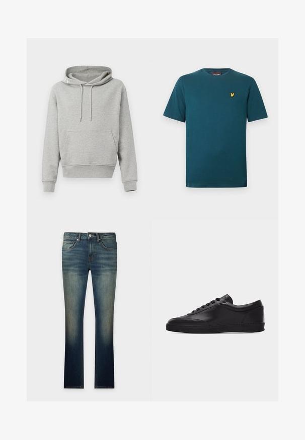 Grau Baumwoll-Hoodie mit einer Fronttasche, Kapuze mit Kordelzug, gerippte Bündchen und Saum. Glatte Textur, lässiges Design und eine lockere Passform.; Petrolfarbenes Baumwoll-T-Shirt mit Rundhalsausschnitt und kurzen Ärmeln. Verfügt über ein kleines gelbes Vogel-Logo auf der linken Brustseite. Glatte Textur.; Blau verwaschene Jeans mit geradem Bein, Vordertaschen, Gürtelschlaufen, Knopf- und Reißverschluss auf schlichtem hellem Hintergrund.; Schwarzer flacher Leder-Sneaker mit Schnürung vorne und flacher Gummisohle, seitlich auf einem schlichten weißen Hintergrund gezeigt.