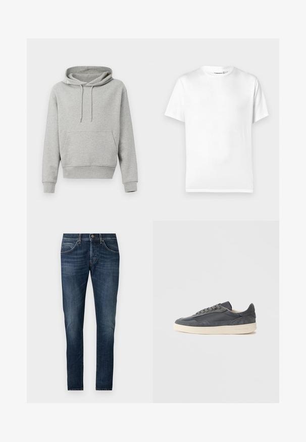 Grijze katoenen hoodie met een voorzak, trekkoordcapuchon, ribgebreide manchetten en zoom. Soepele textuur, casual ontwerp en een ontspannen pasvorm.; Witte katoenen T-shirt met een klassieke ronde hals, korte mouwen en een rechte zoom. Gladde textuur, zonder patronen of accenten.; Donkerblauwe slimfit jeans met lichte vervaging op de dijen, voorzien van een voorste knoop, ritssluiting, riemlussen en vijf zakken.; Donkere grijze sneakers van leer en suède met een laag model, voorzien van een crèmekleurige rubberen zool en platte veters.