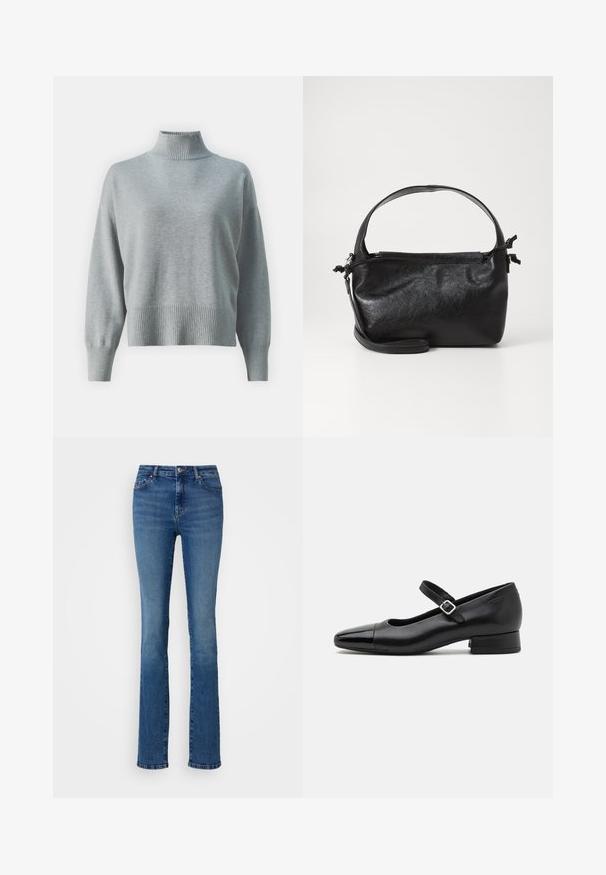 Sweater en tricot gris clair avec un col côtelé haut, une coupe décontractée, des manches allongées et un ourlet côtelé. Texture douce et design minimaliste.; ONLY Tall ONLSUI MID - Jean slim - medium blue denim; Chaussures Mary Jane en cuir noir avec un embout en vernis, une sangle cheville réglable et un petit talon carré. Texture lisse et design élégant.; Sac à main en cuir noir au design structuré, avec une poignée arrondie et une bandoulière amovible. Présente une texture lisse et un éclat subtil.