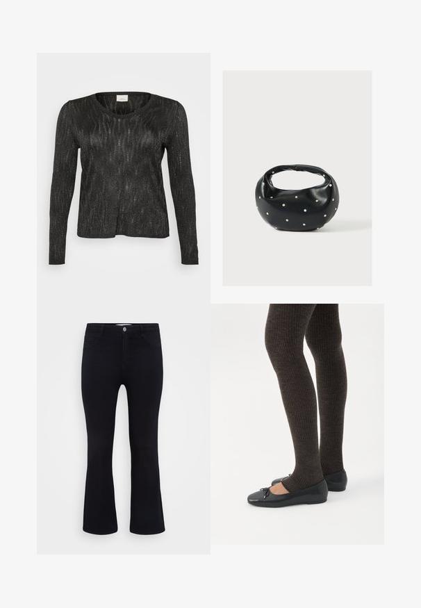 Sort langærmet sweater med et struktureret, glitrende design. Har rund halsudskæring og ribbede kanter ved nederdelen og ærmerne. Letvægtsmateriale.; ONLY Carmakoma Flared fit CARTHUNDER Mid waist - Flared jeans - black denim; Ben iført mørke ribbede leggings kombineret med sorte balletsko med små sløjfedetaljer på hvid baggrund.; Sort læderhåndtaske med en rundet form, dekoreret med sølvnitter, og et kort håndtag. Glat tekstur og lynlåslukning.