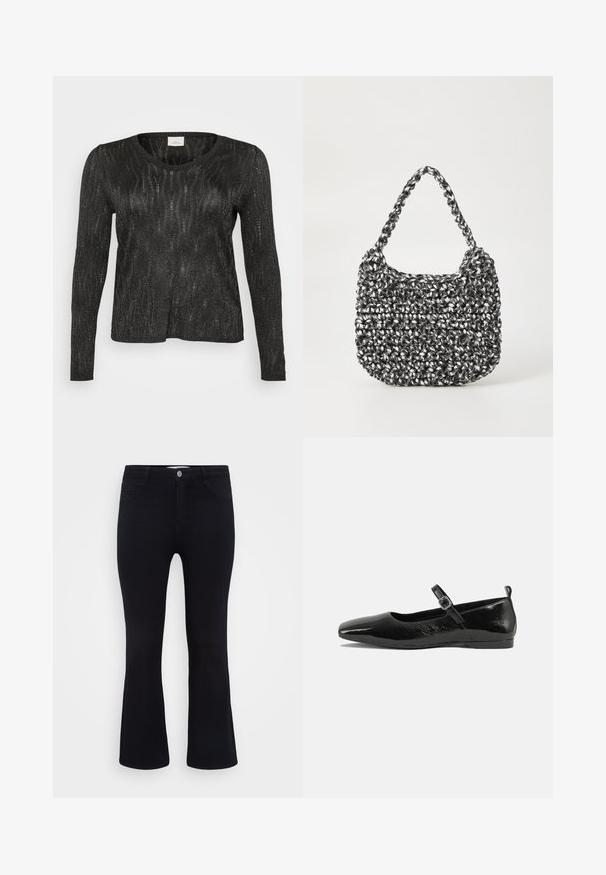 Zwarte trui met lange mouwen en een gestructureerd, sprankelend ontwerp. Beschikt over een ronde halslijn en geribde zoom en cuffs. Lichtgewicht stof.; ONLY Carmakoma Flared fit CARTHUNDER Mid waist - Flared Jeans - black denim; Zwarte patenten leren ballerina met een spitse neus, een enkelbandje met een gesp en een gladde, glanzende textuur. Lage hak voor comfort.; Geweven handtas in zwart en wit met een ronde vorm, gestructureerd oppervlak en een gevlochten handvat. Geschikt voor dagelijks gebruik.