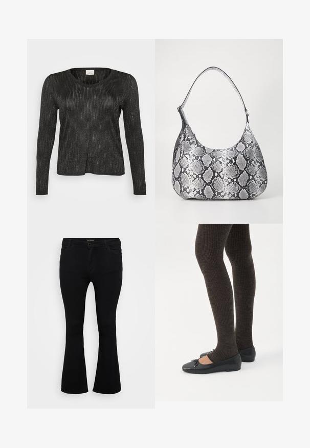 Sort langærmet sweater med et struktureret, glitrende design. Har rund halsudskæring og ribbede kanter ved nederdelen og ærmerne. Letvægtsmateriale.; Sorte viddejeans lavet af denim, med knaplukning, fem lomme og en glat overflade. Klassisk design med flagrende kant.; Ben iført mørke ribbede leggings kombineret med sorte balletsko med små sløjfedetaljer på hvid baggrund.; Sort-hvid slangemønster skuldertaske med en rund form, glat tekstur og en buet rem. Har et sølvfarvet hardware-accents.