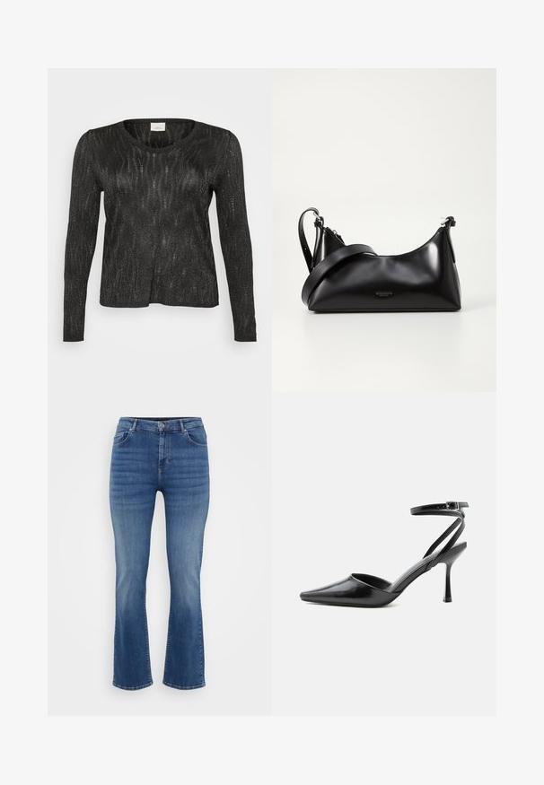 Sort langærmet sweater med et struktureret, glitrende design. Har rund halsudskæring og ribbede kanter ved nederdelen og ærmerne. Letvægtsmateriale.; ONLY Carmakoma Straight fit CARWILLY Mid waist - Jeans Straight Leg - dark blue denim; Sort spids højhælet sko med tynde ankelremme og sølvspænde på en ensfarvet lys baggrund.; Sort læderhåndtaske med en glat tekstur. Har en justerbar stropp og et enkelt, minimalistisk design med lynlås.
